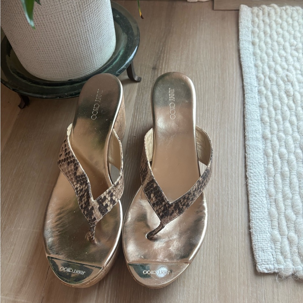 Jimmy Choo Metallic Gold Thong Sandals with Snake-Print Straps